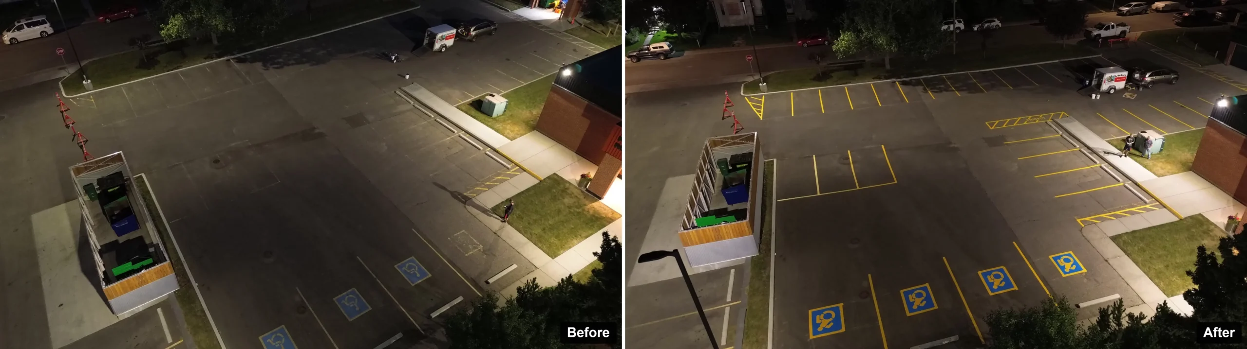 Aerial before and after view of complete parking lot line striping at Rockyview Alliance Church in NE Calgary, including four ADA parking stalls and fresh pavement markings.