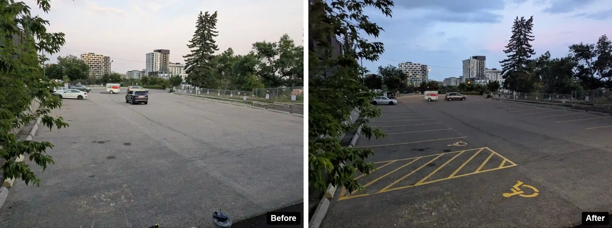 Before and after parking lot line striping at St. Matthew Lutheran Church in Calgary