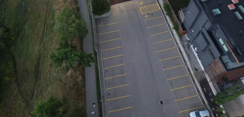 Drone view of freshly painted parking lot lines at St. Matthew Lutheran Church in Calgary