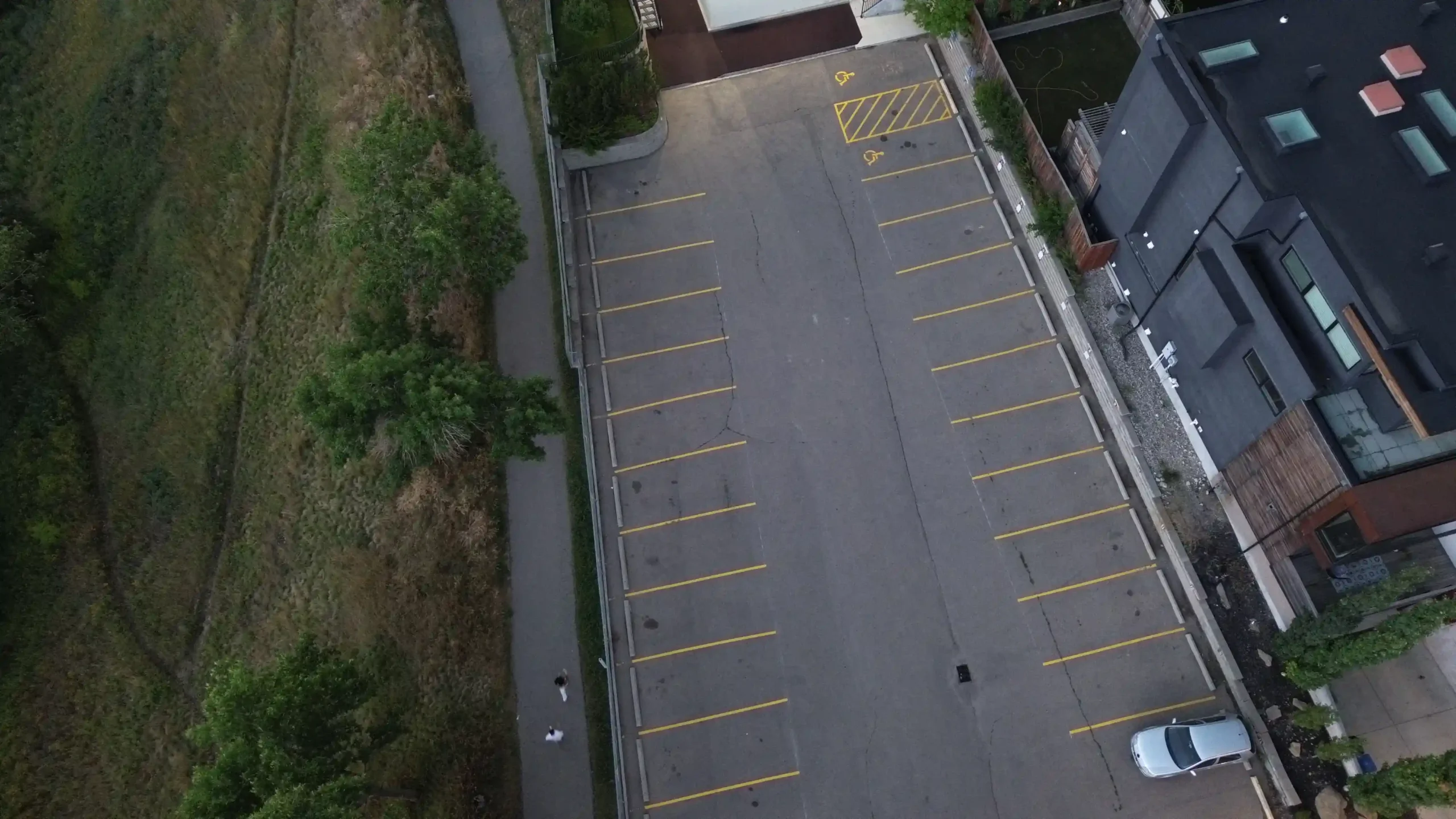 Drone view of freshly painted parking lot lines at St. Matthew Lutheran Church in Calgary