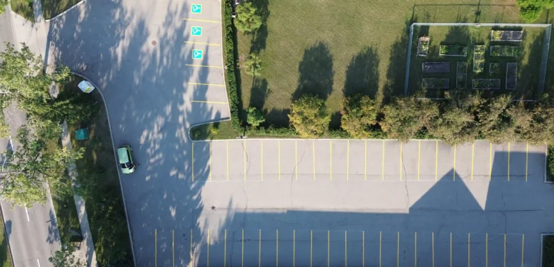 Aerial view of freshly painted parking lot lines at All Saints Lutheran Church in Calgary