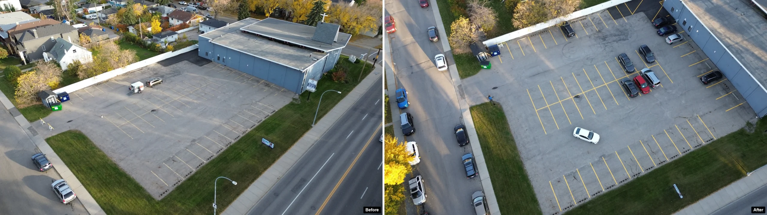 Before and after comparison of church parking lot line striping at First Evangelical Free Church, faded lines on the left and fresh lines on the right